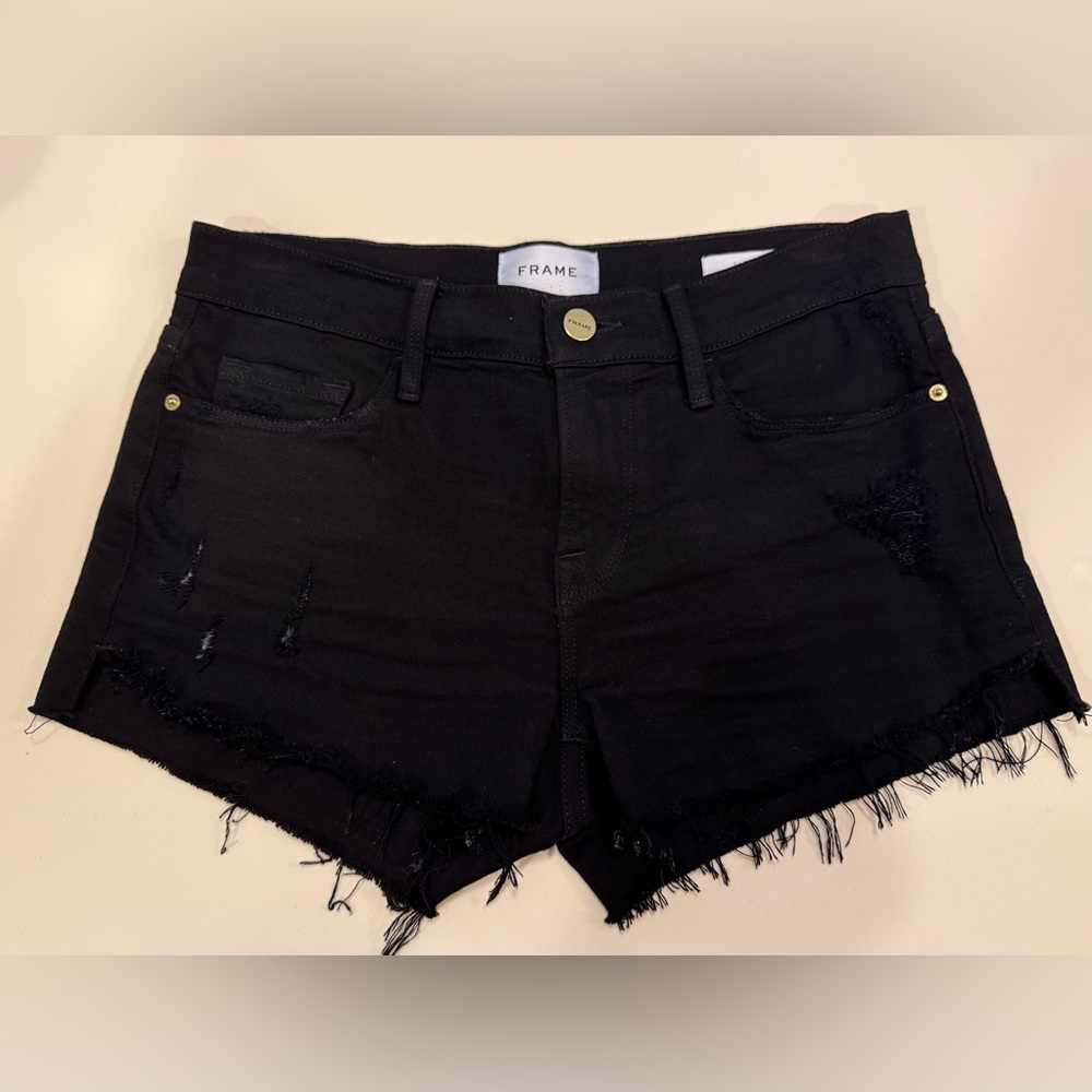 Frame Distressed Black Denim Shorts